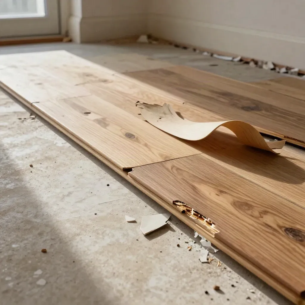 Stripped floor with lifted hardwood, tile shards, peeled underlayment, and drifting demolition dust.