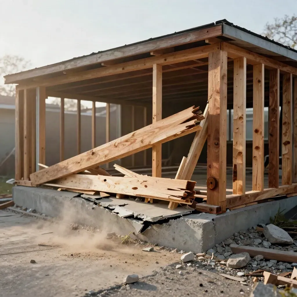 Extreme macro of a half-collapsed garage shell with splintered framing, cracked slab and dusty rubble.