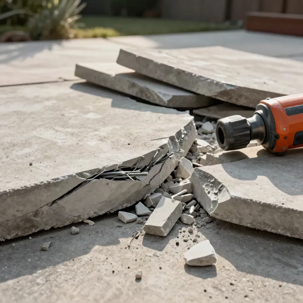 Shattered patio concrete chunks with rebar and a breaker head in warm daylight