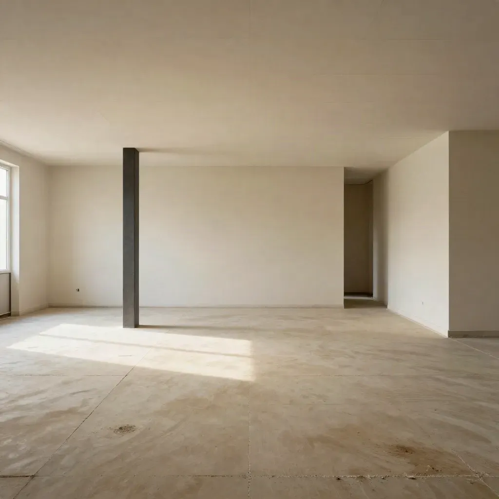 Empty office interior after partition removal, patched ceiling, seamless floor, diagonal daylight