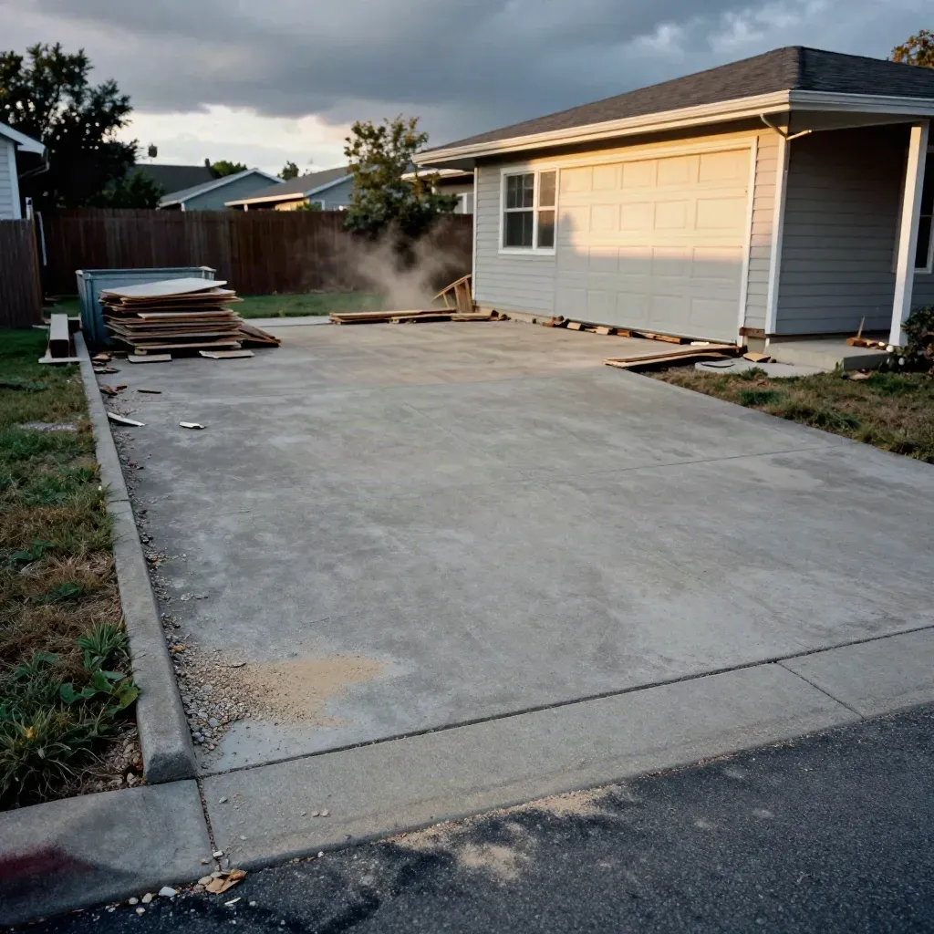Cleared driveway after garage demolition with open lane, dust wisps, and stormy late-afternoon light.