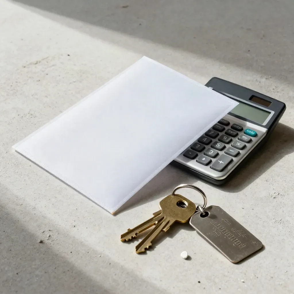 Permit sleeve, calculator, keys, and job tag on pale stone in soft daylight