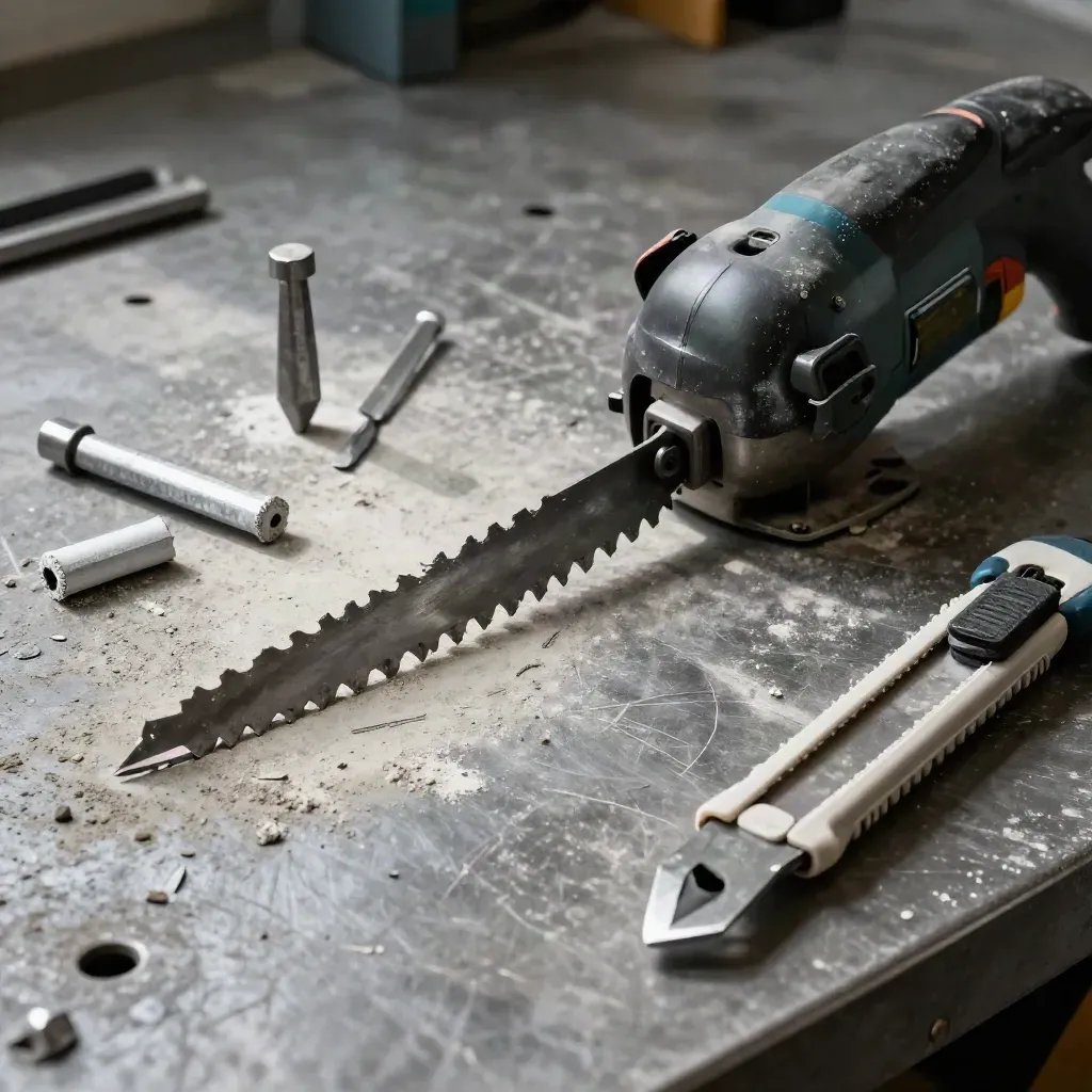 Demolition tools and chalk-marked stud offcuts on a dusted workbench, lit from one side