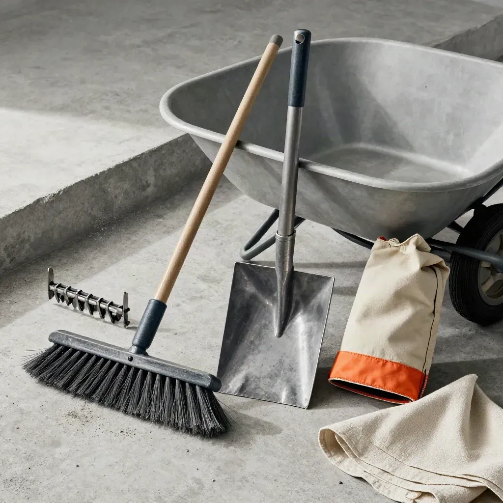 Cleanup tools staged on a concrete tray beside a wheelbarrow rim, lit by soft side daylight.