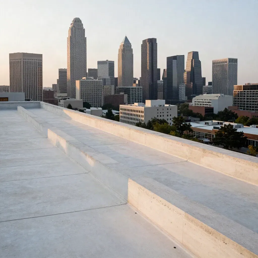 Hazy Charlotte skyline above pale rooftop concrete at warm dusk.